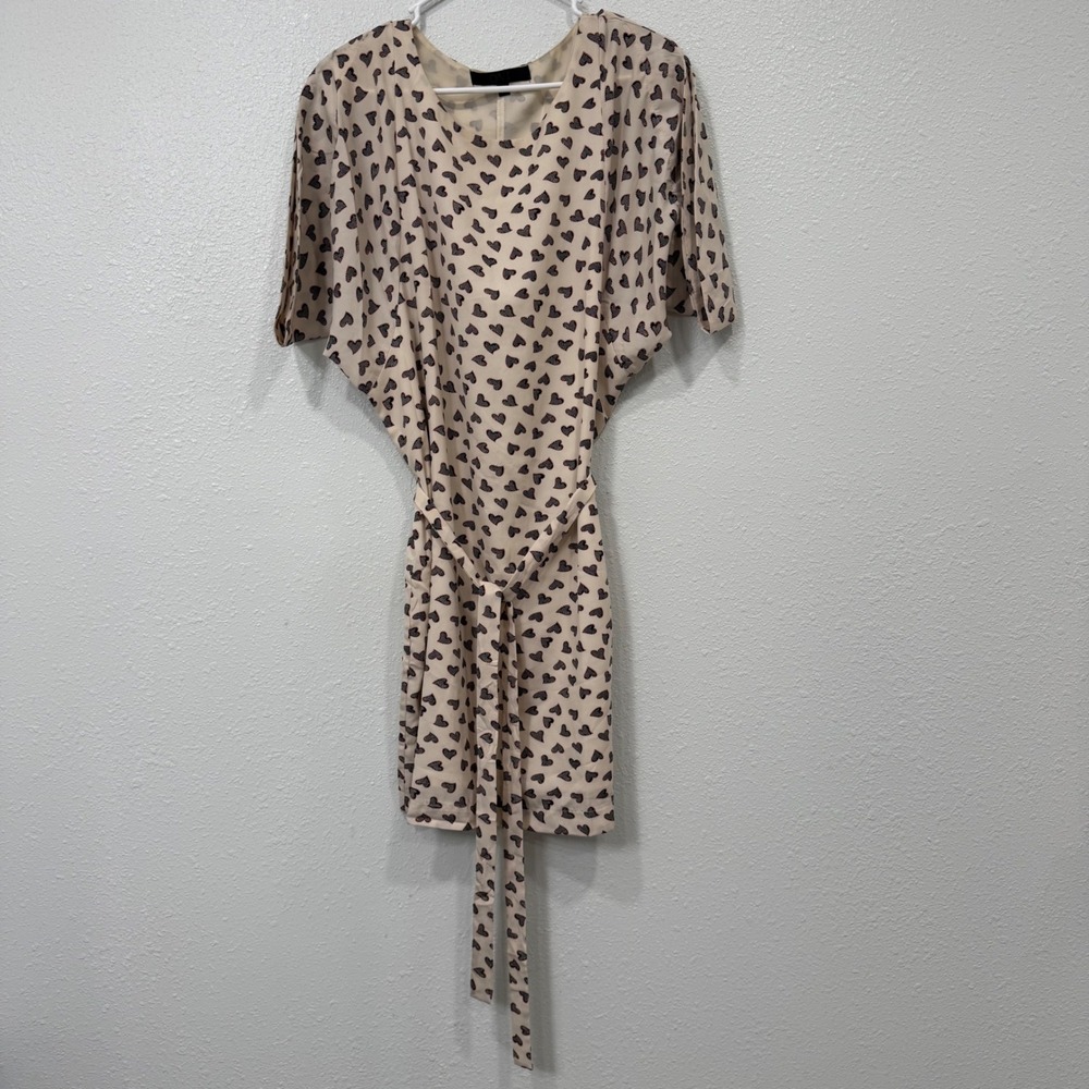 OVI Heart Print Mini Dress Cream Black Red Belted Short Sleeve D1525 Small